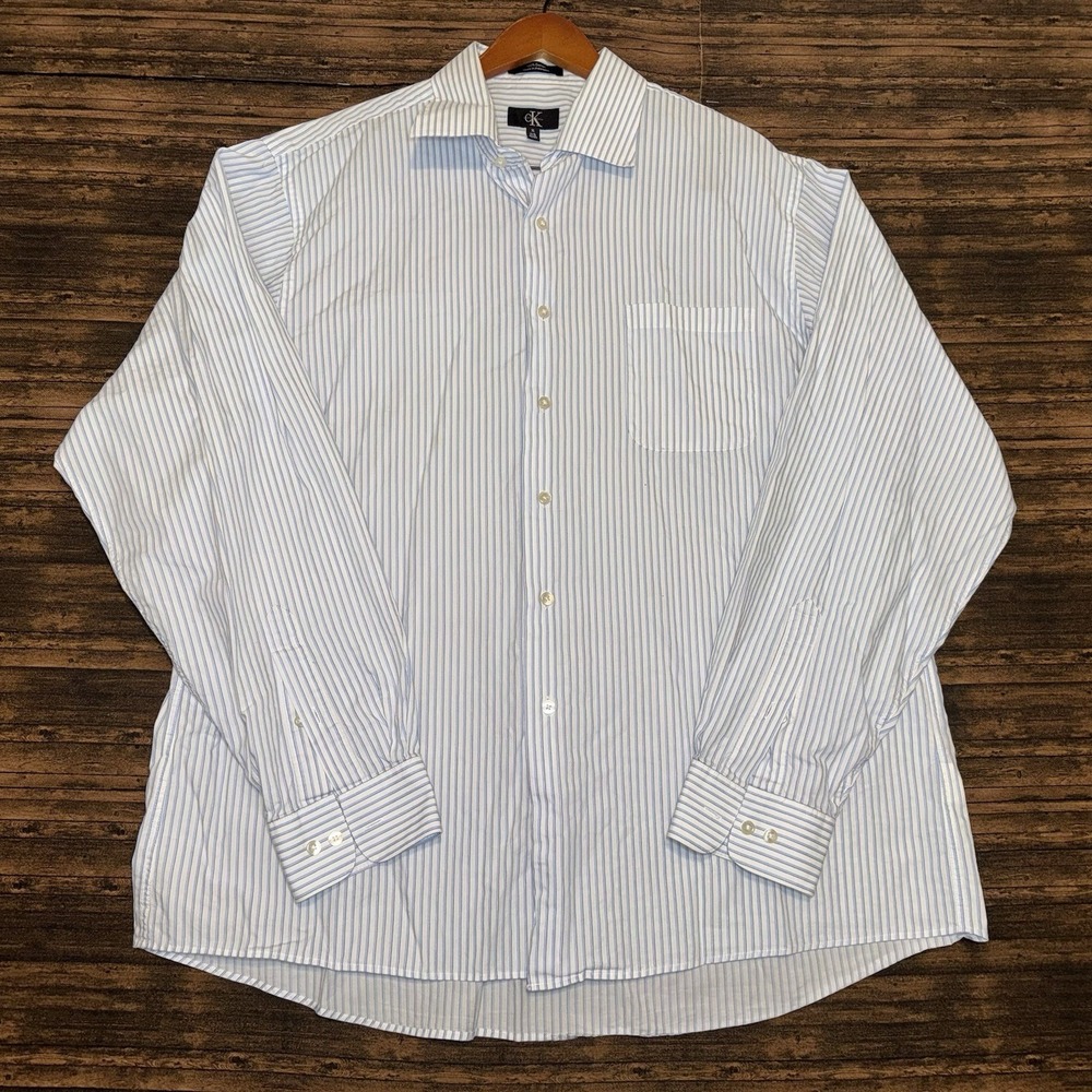 Calvin Klein Men's Dress Shirt Button Up Blue White Striped Size 17.5-36/37
